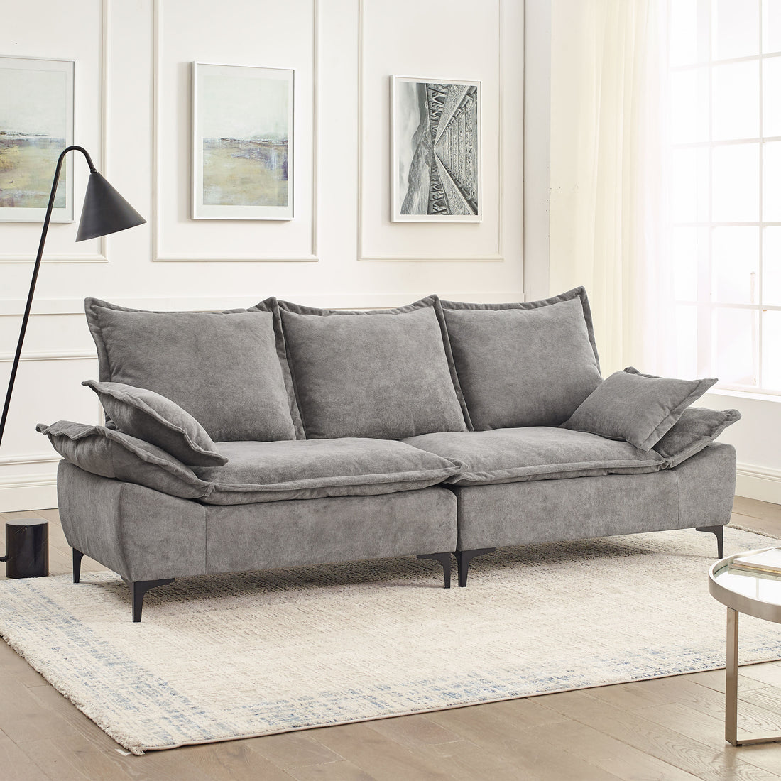 Video Mh" 88.5 Modern Sailboat Sofa Dutch Velvet 3 Seater Sofa With Two Pillows For Small Spaces In Living Rooms, Apartments Grey Wood Primary Living Space Pine Foam Fabric 3 Seat