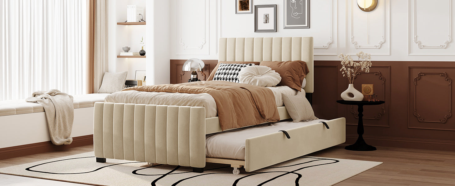 Twin Size Velvet Upholstered Platform Bed With Twin Size Trundle, Beige Beige Upholstered