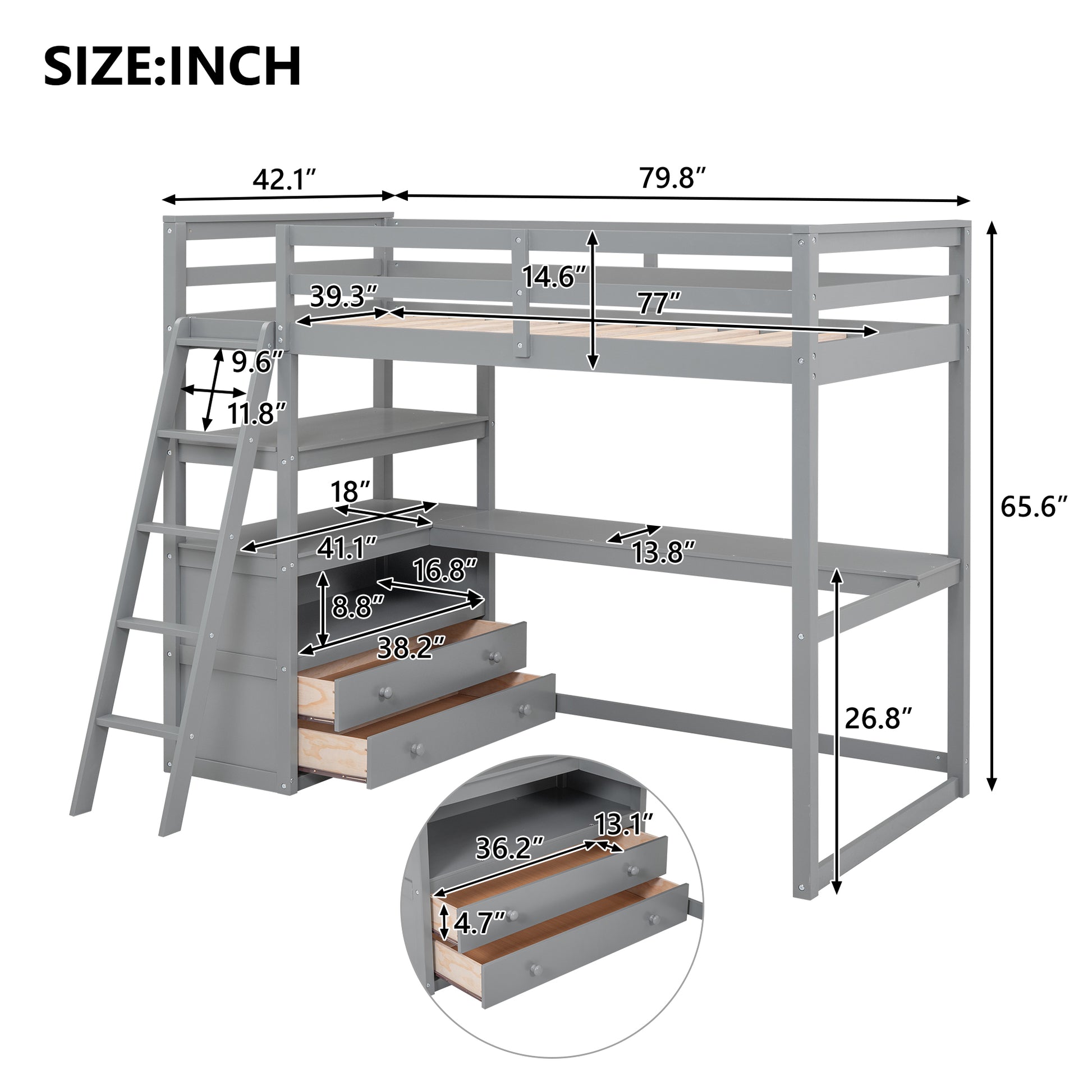 Twin Size Loft Bed With Desk And Shelves, Two Built In Drawers, Gray Old Sku: Gx000423Aae Box Spring Not Required Twin Gray Wood Bedroom Pine