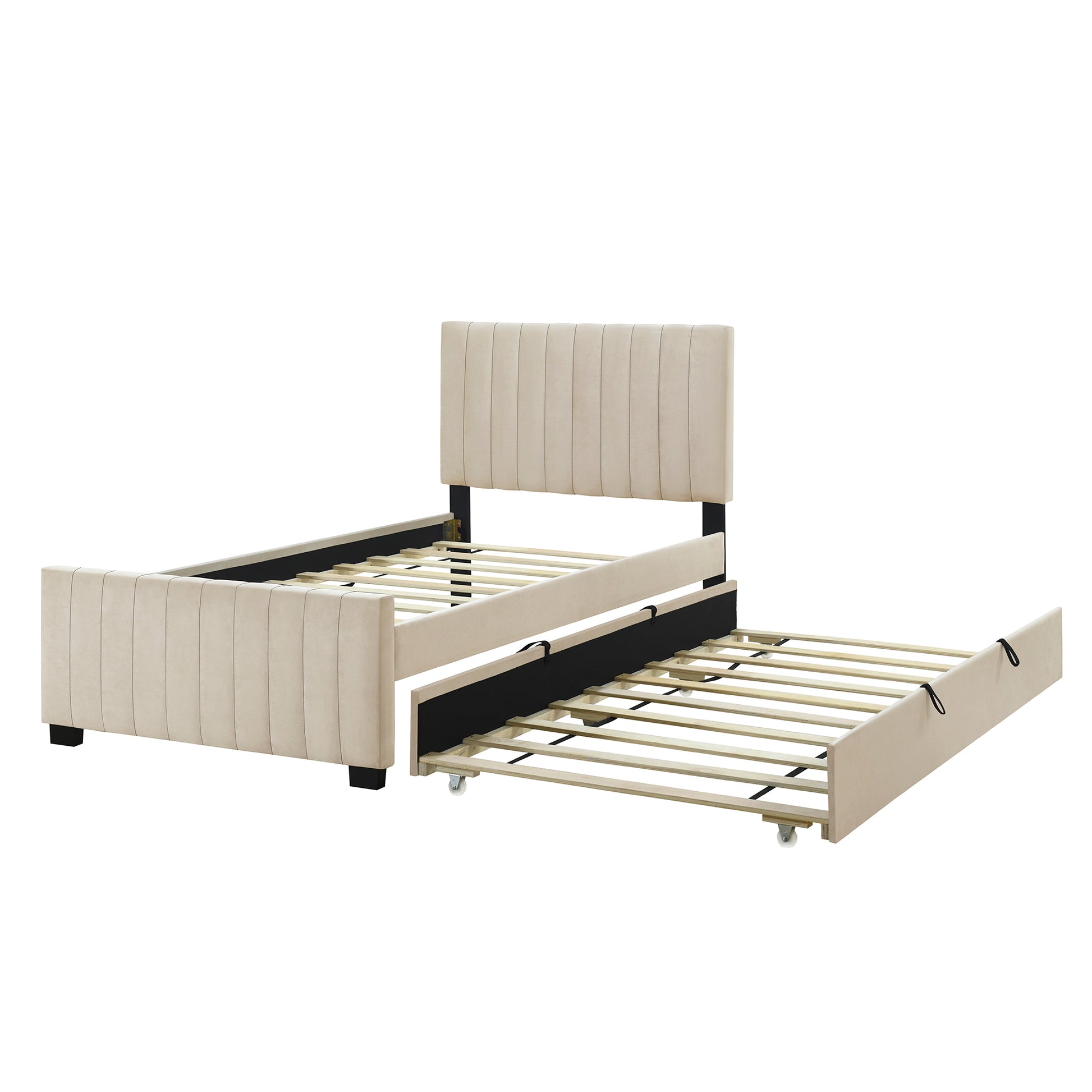 Twin Size Velvet Upholstered Platform Bed With Twin Size Trundle, Beige Beige Upholstered