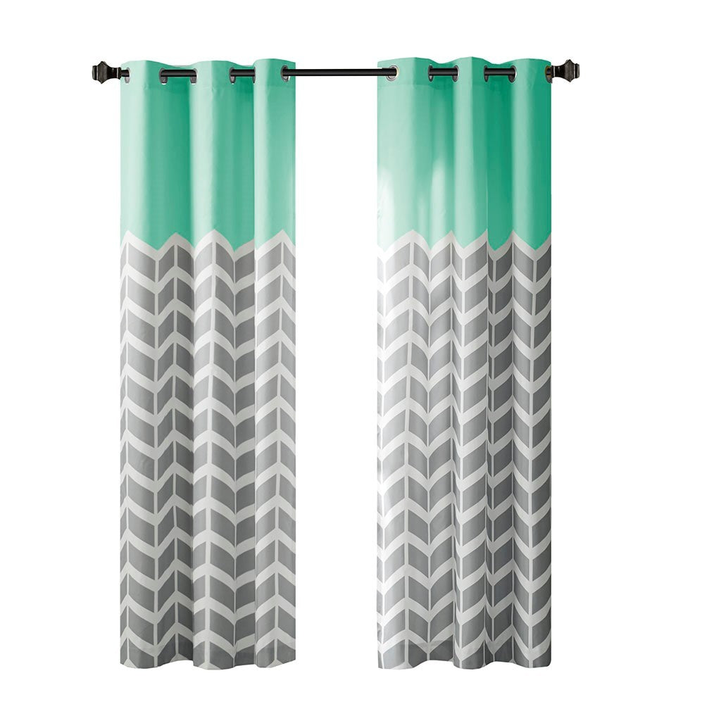 Chevron Printed Room Darkening Grommet Top Panel Pair Aqua Polyester