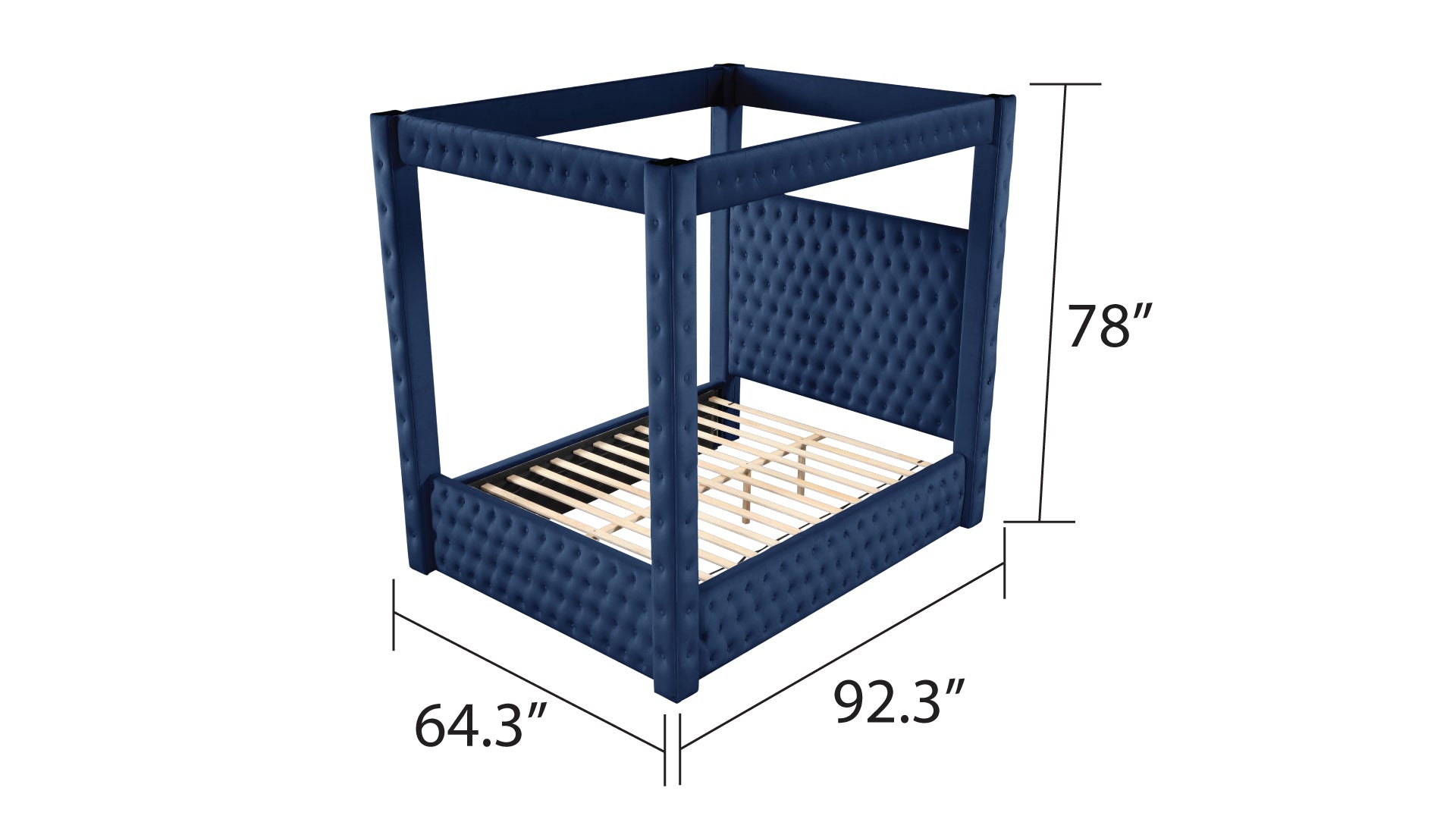 Monica Luxurious Four Poster Full 4 Pc Bed Made With Wood In Navy Box Spring Not Required Full Navy Wood 4 Piece Set Bedroom Modern Upholstered Velvet Tufted Wood