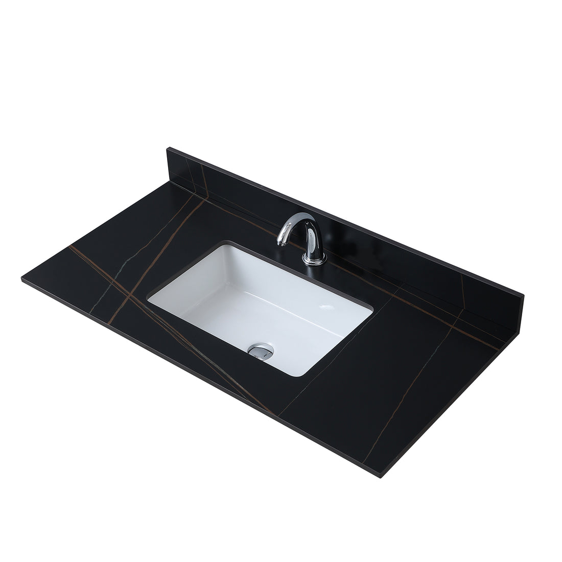 43Inch Bathroom Stone Vanity Top Black Gold Color With Undermount Ceramic Sink And Single Faucet Hole With Backsplash Black Sintered Stone