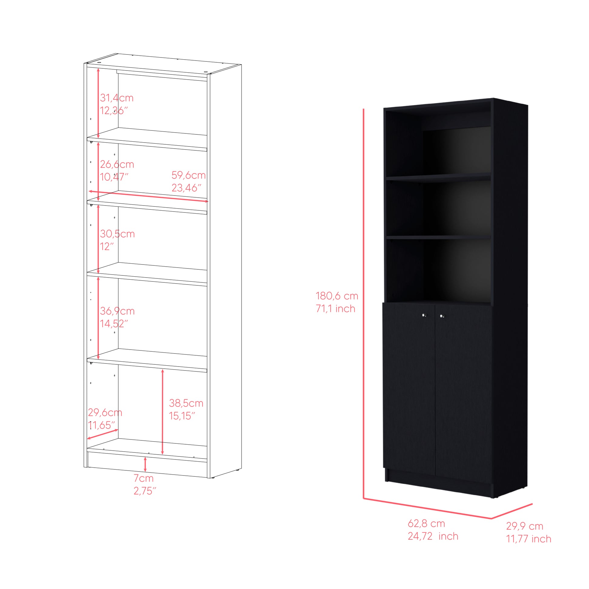 Bookcase Dual Door Benzoni, Office, Black Black Particle Board Engineered Wood