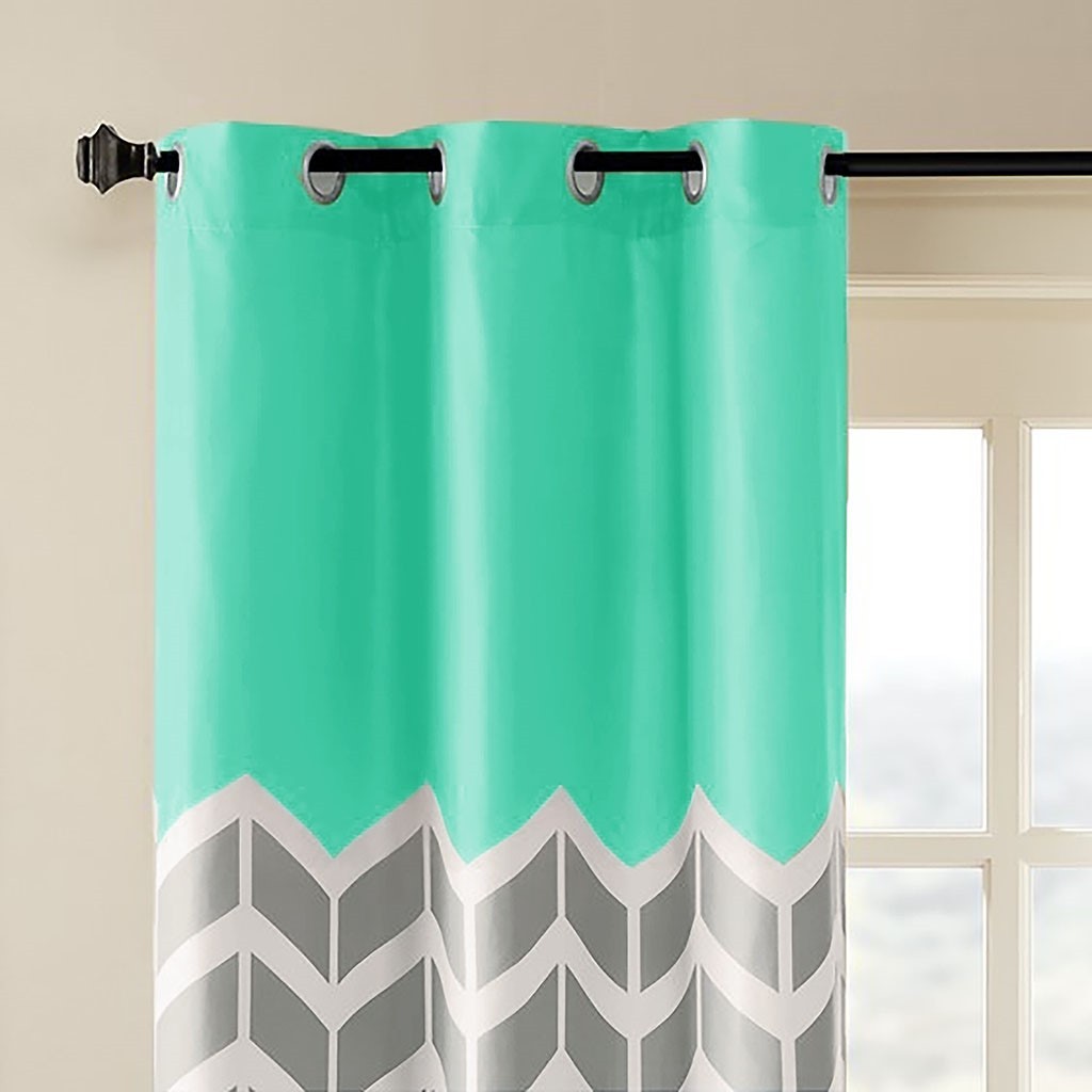 Chevron Printed Room Darkening Grommet Top Panel Pair Aqua Polyester