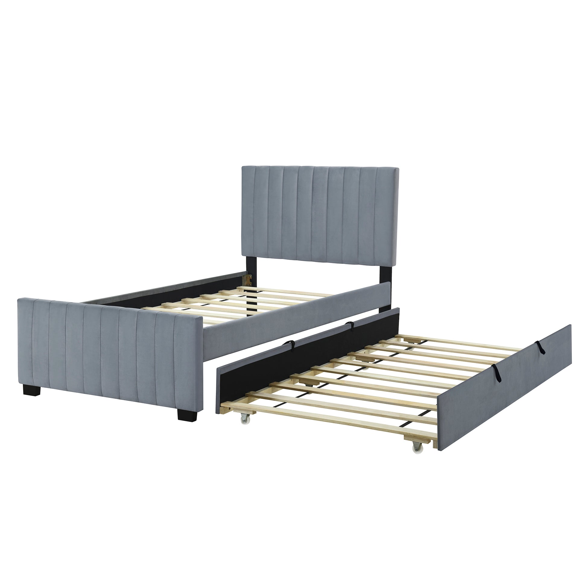 Twin Size Velvet Upholstered Platform Bed With Twin Size Trundle, Gray Gray Upholstered