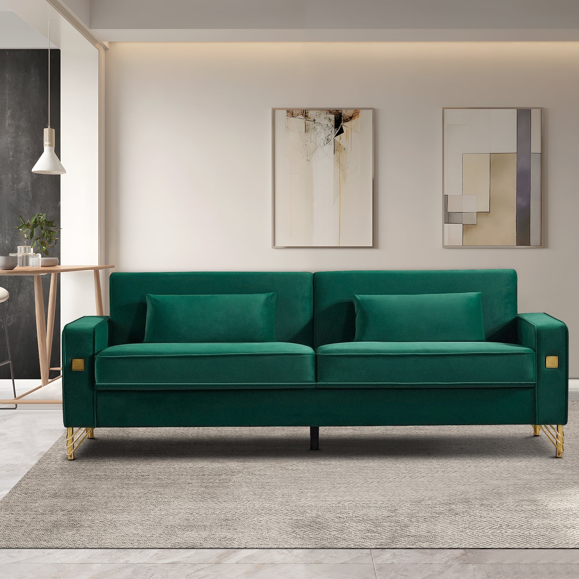 85.44" Modern Velvet Couch With Gold Legs,Upholstered Sofa For Living Room Green Wood Cushion Back Modern Eucalyptus Square Arms Velvet 2 Seat