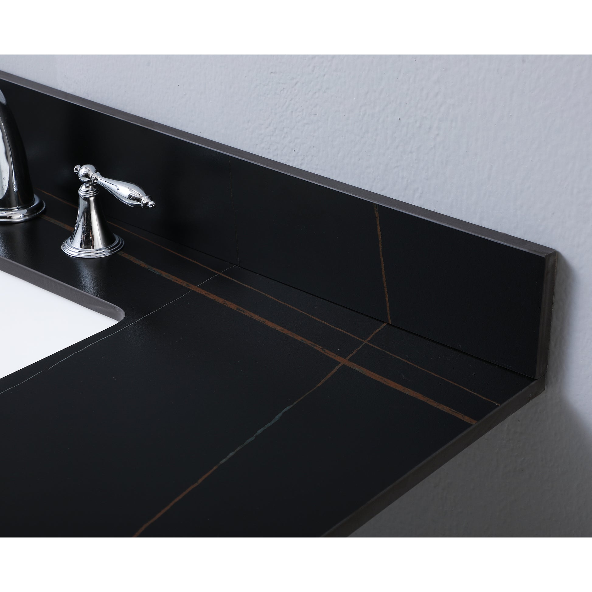 43Inch Bathroom Stone Vanity Top Black Gold Color With Undermount Ceramic Sink And Three Faucet Hole With Backsplash Black Sintered Stone