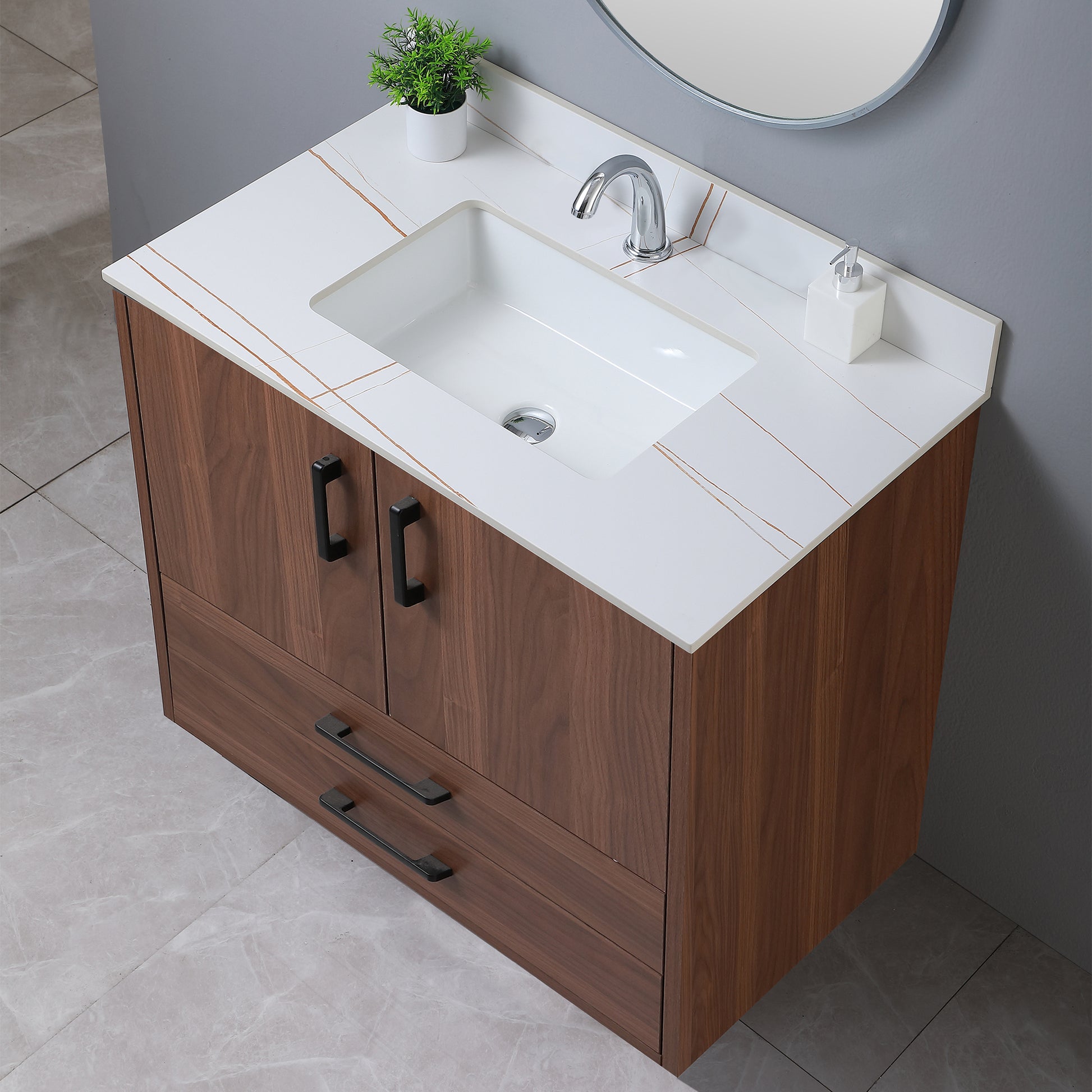 37Inch Bathroom Vanity Top Stone White Gold Style Tops With Rectangle Undermount Ceramic Sink And Single Faucet Hole White Sintered Stone