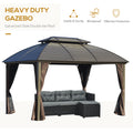 10' X 12' Hardtop Gazebo Canopy With Galvanized Steel Double Roof, Aluminum Frame, Permanent Pavilion Outdoor Gazebo With Netting And Curtains For Patio, Garden, Backyard, Deck, Lawn Brown Steel