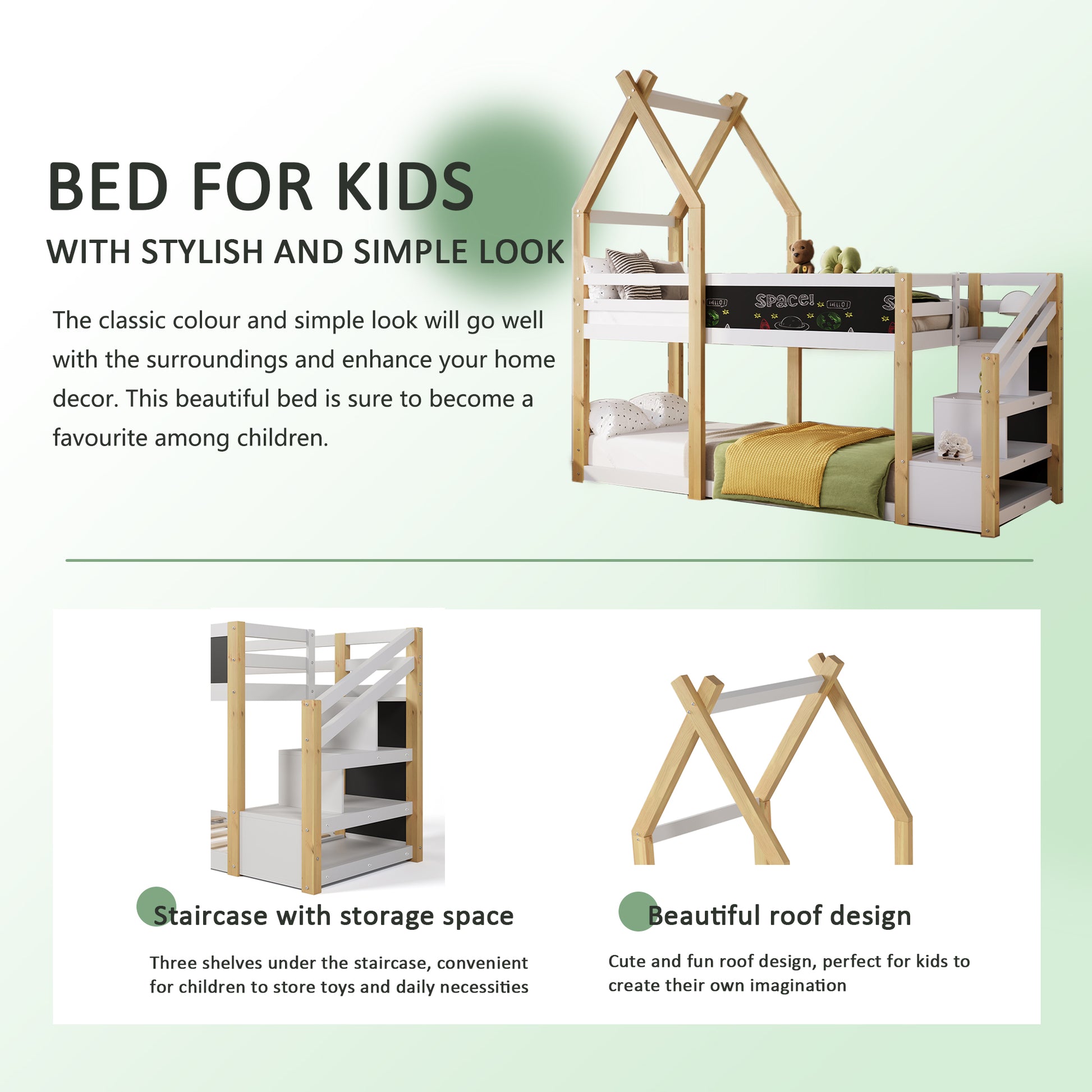 Twin Over Twin House Bunk Bed With White Storage Staircase And Blackboard, White And Natural Box Spring Not Required Twin White Bed Frame Pine