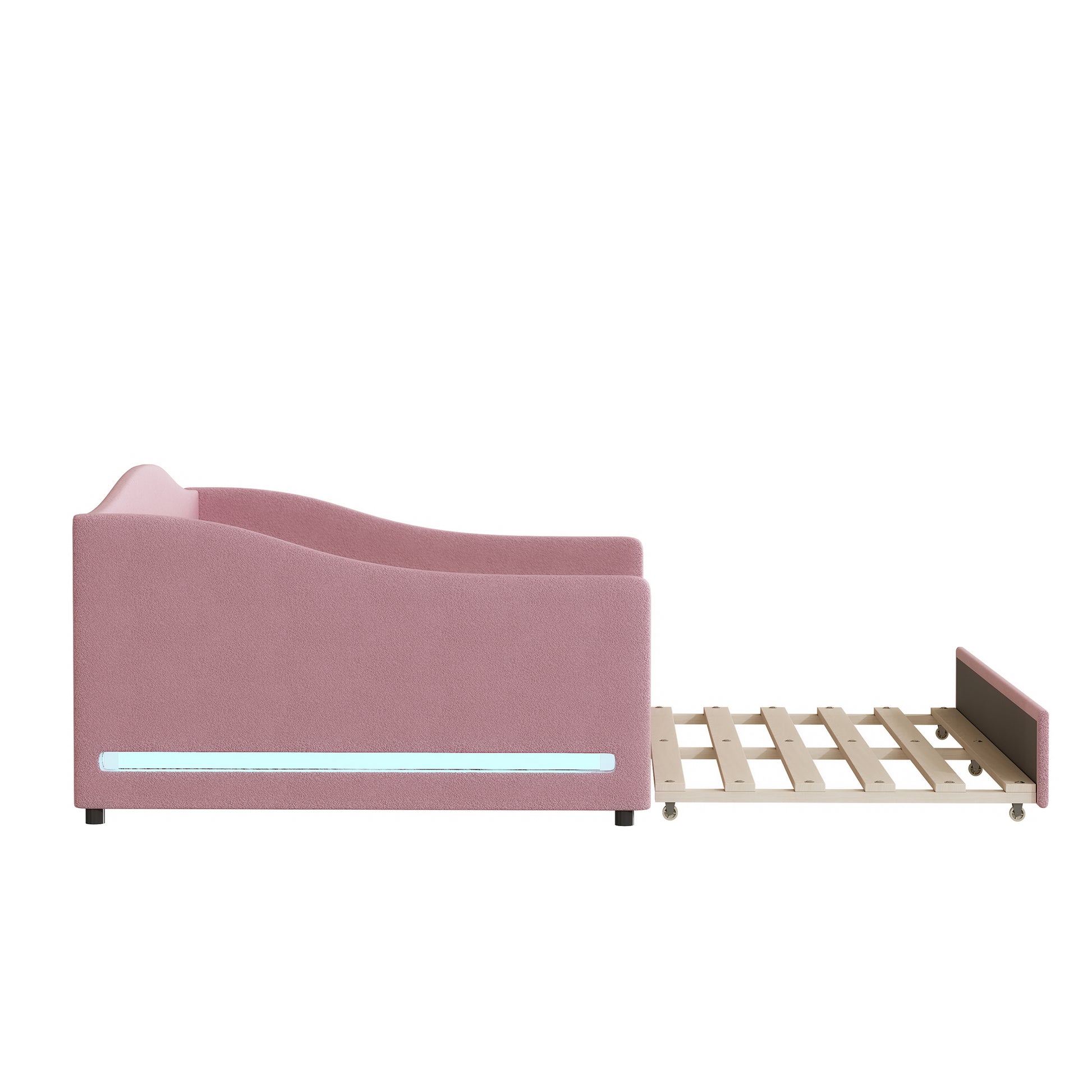 Teddy Fleece Full Size Upholstered Daybed With Light And Trundle, Pink Full Pink Fleece