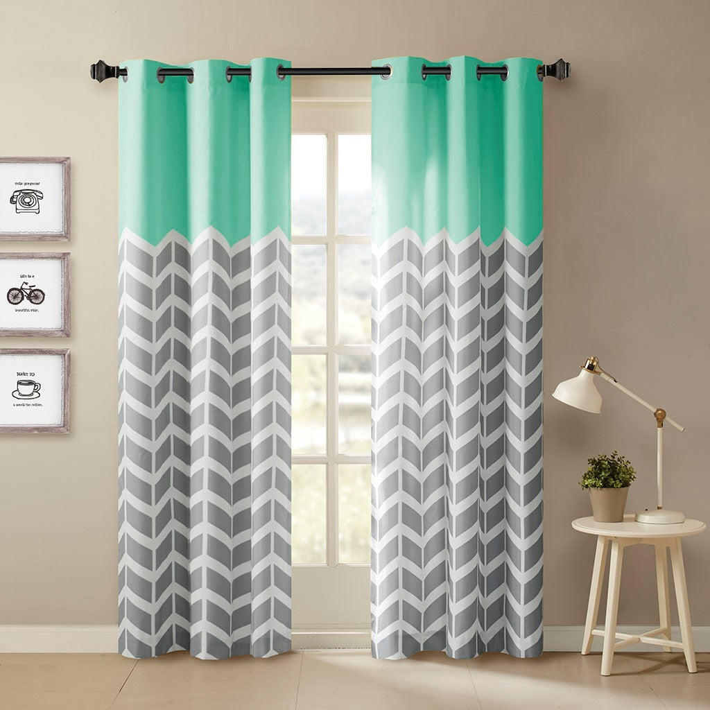 Chevron Printed Room Darkening Grommet Top Panel Pair Aqua Polyester