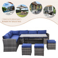 Outdoor Patio Furniture Set,7 Pieces Outdoor Sectional Conversation Sofa With Dining Table,Chairs And Ottomans,All Weather Pe Rattan And Steel Frame,With Backrest And Removable Cushions Grey Blue Yes Dining Set Grey Blue Weather Resistant Frame Garden &