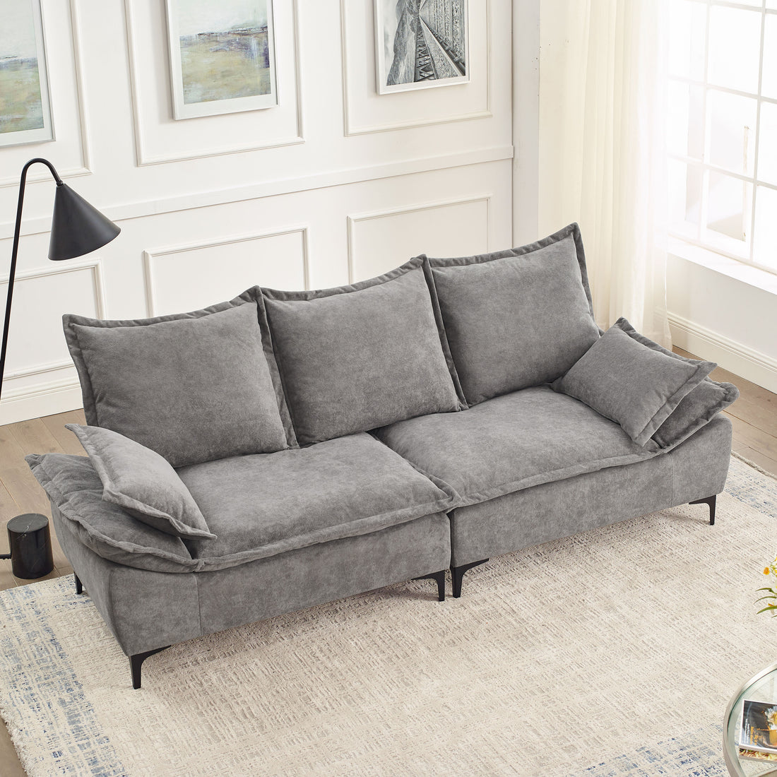 Video Mh" 88.5 Modern Sailboat Sofa Dutch Velvet 3 Seater Sofa With Two Pillows For Small Spaces In Living Rooms, Apartments Grey Wood Primary Living Space Pine Foam Fabric 3 Seat