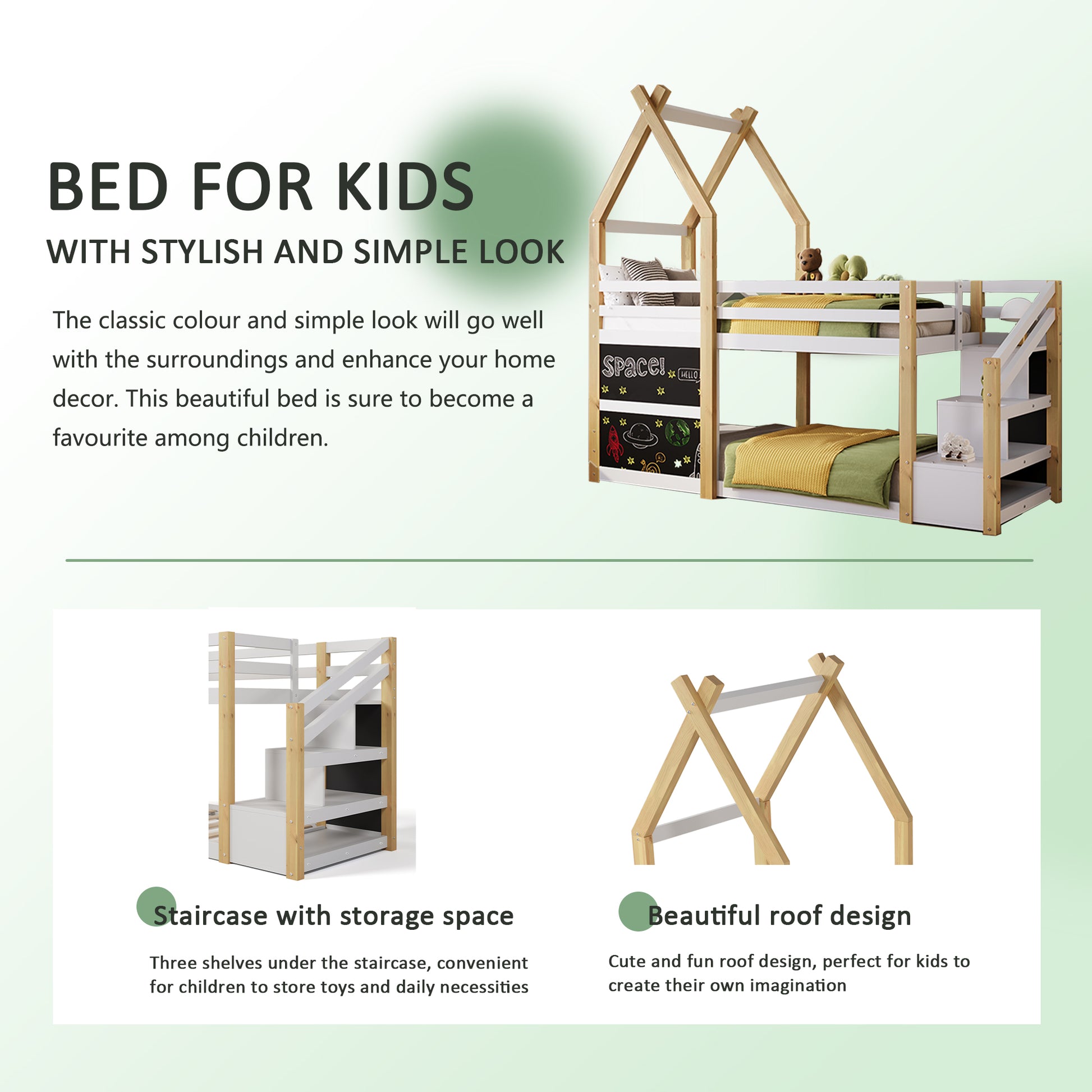 Twin Over Twin House Bunk Bed With White Storage Staircase And 2 Blackboards, White And Natural Box Spring Not Required Twin White Bed Frame Pine