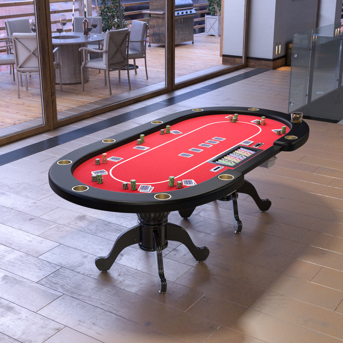 96" Oval Red Aura Texas Holdem Poker Table Curved Legs Casino Dropbox Red Wood