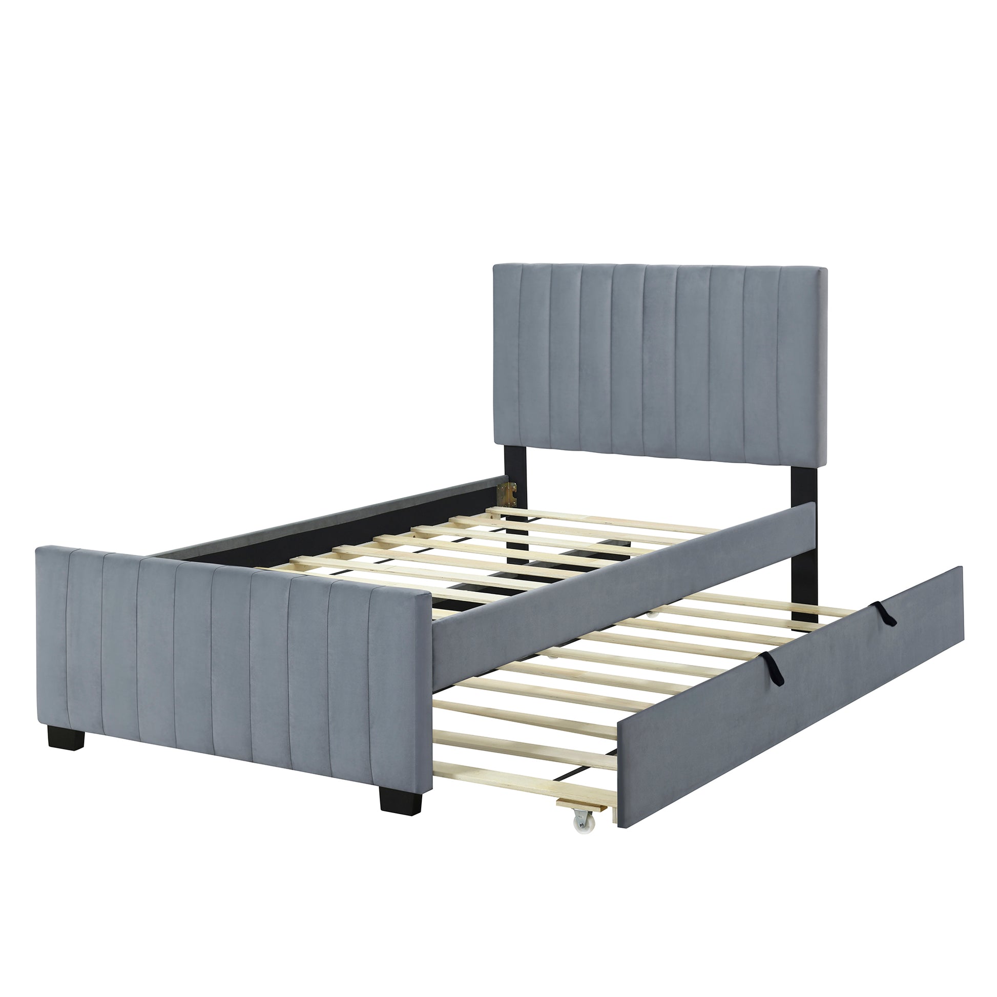 Twin Size Velvet Upholstered Platform Bed With Twin Size Trundle, Gray Gray Upholstered