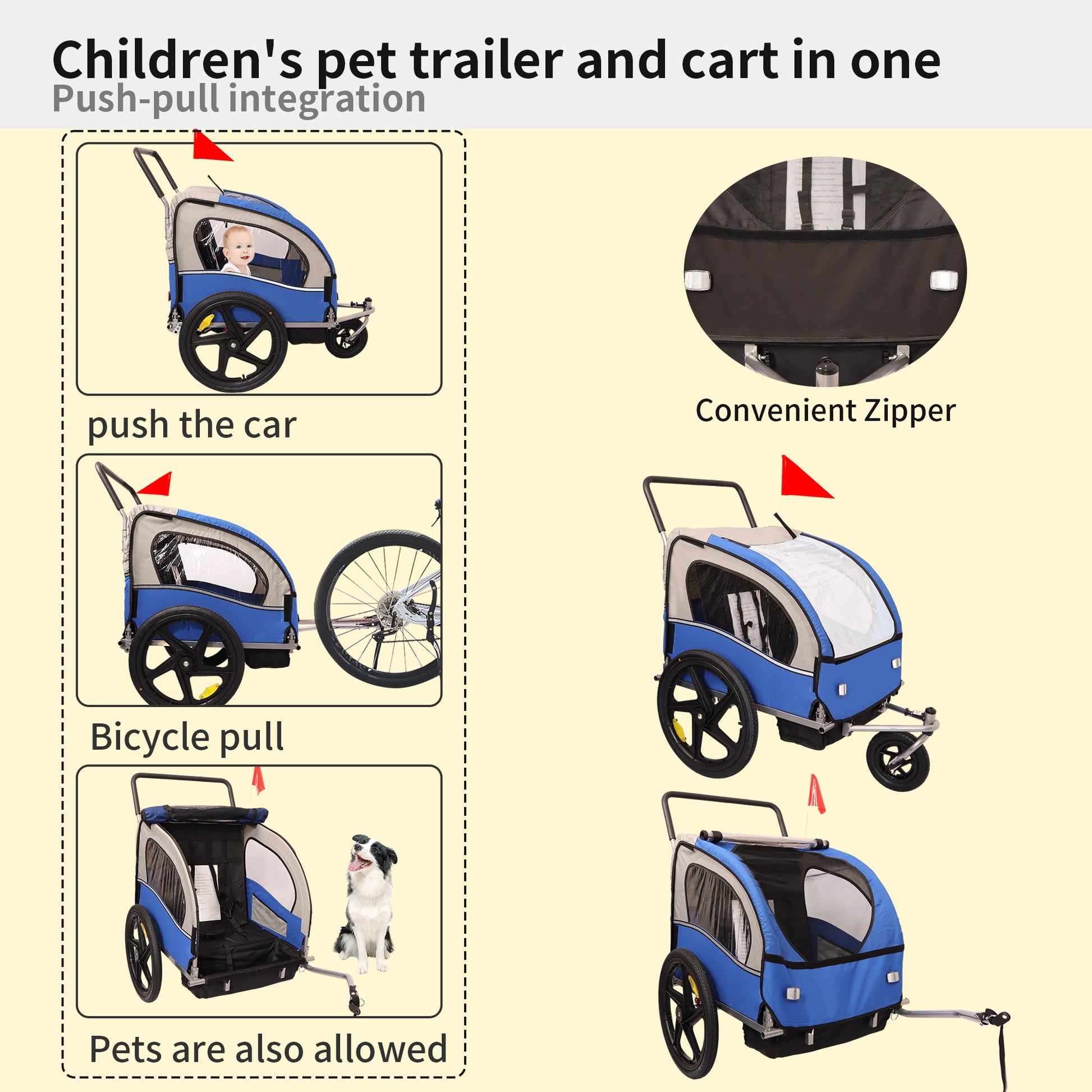 2 In 1 Double 2 Seat Bicycle Bike Trailer Jogger Stroller For Kids Children Foldable Collapsible W Pivot Front Wheel Blue Gray Fabric Steel