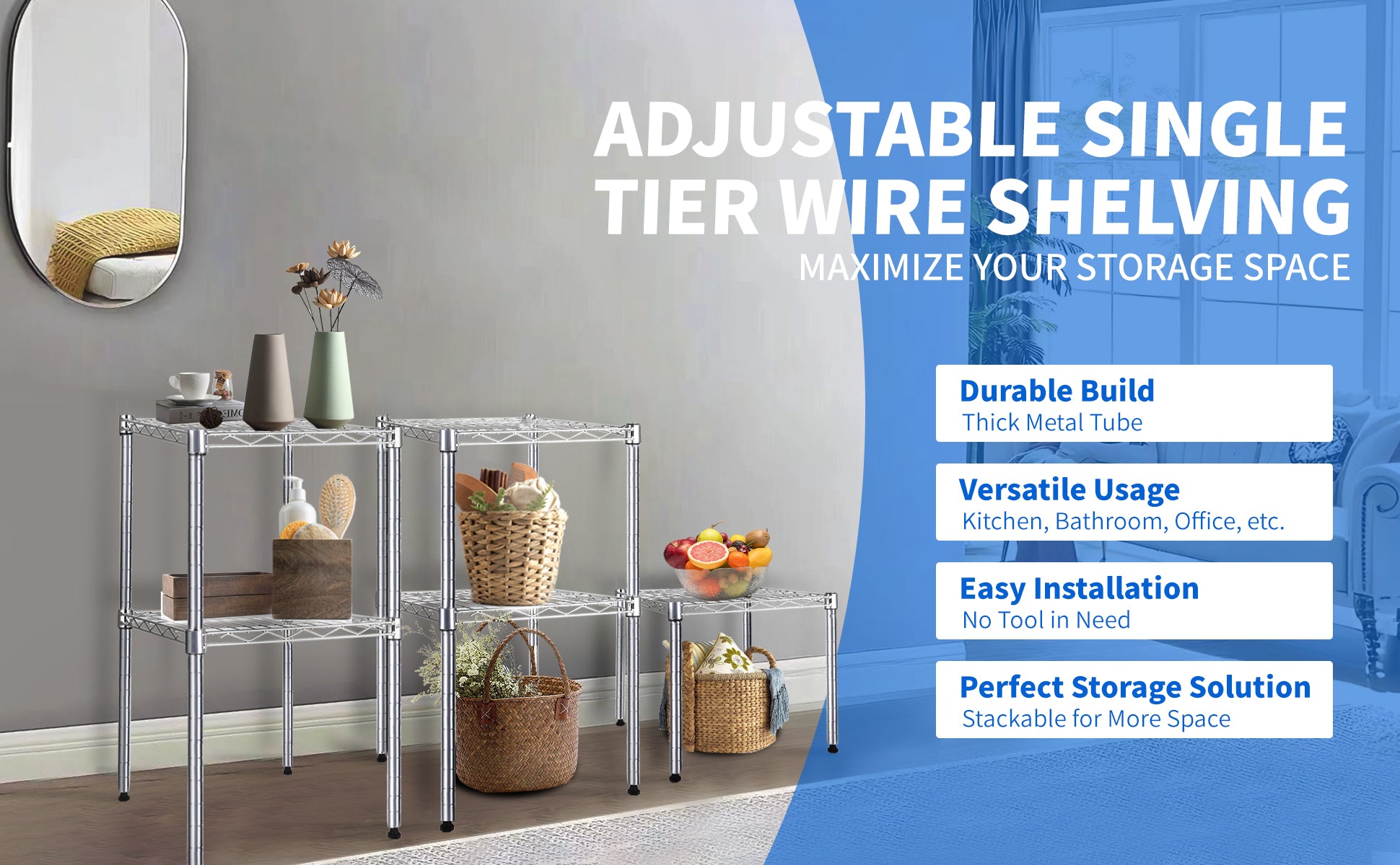 Heavy Duty Shelving Unit, Wire Metal Stackable Storage, 1 Tier Shelf, Chrome, 15" W X 13.8" D X 15" H Chrome Iron