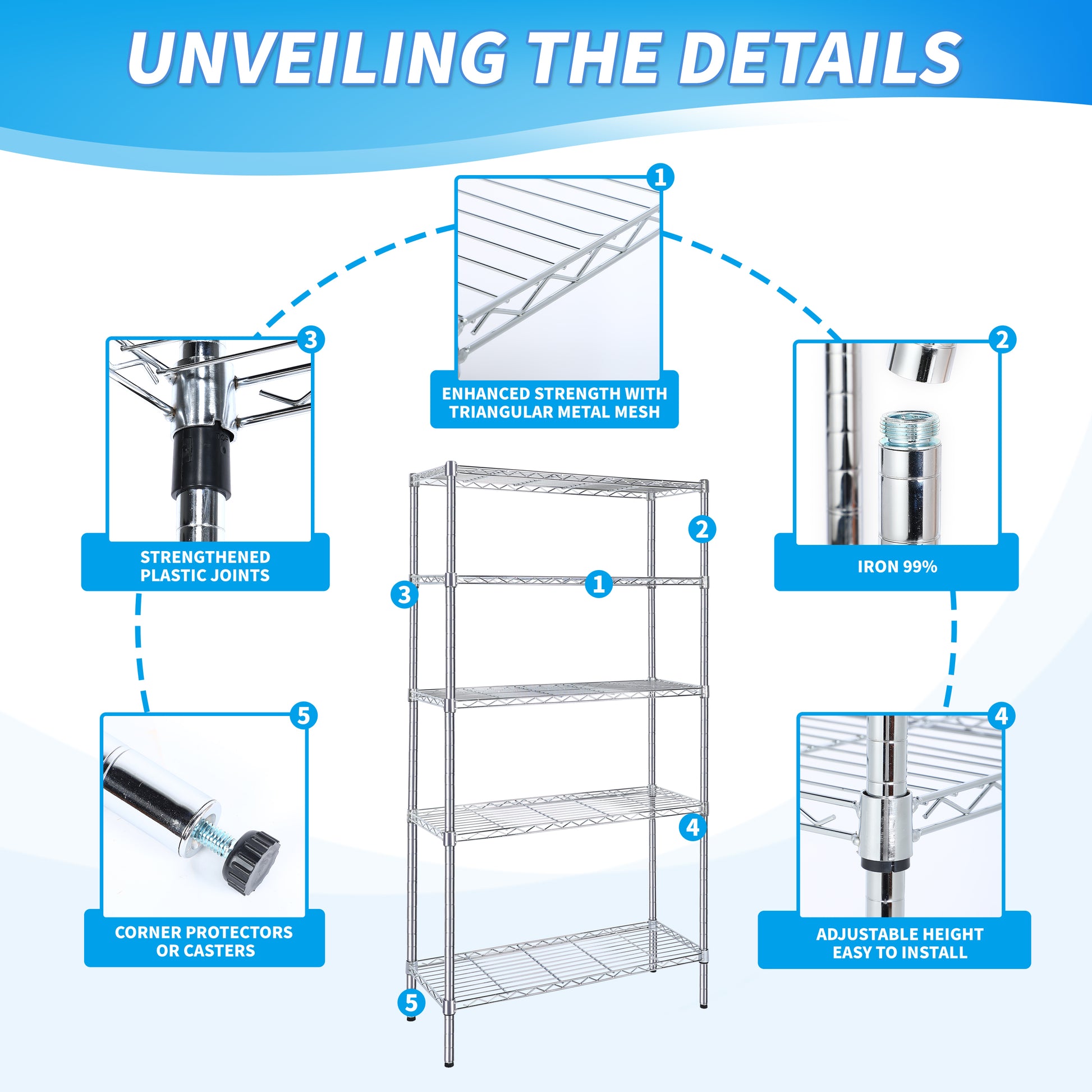 Heavy Duty Shelving Unit, Wire Metal Stackable Storage, 5 Tier Shelf, Chrome, 36" W X 13.8" D X 71.8" H Chrome Iron