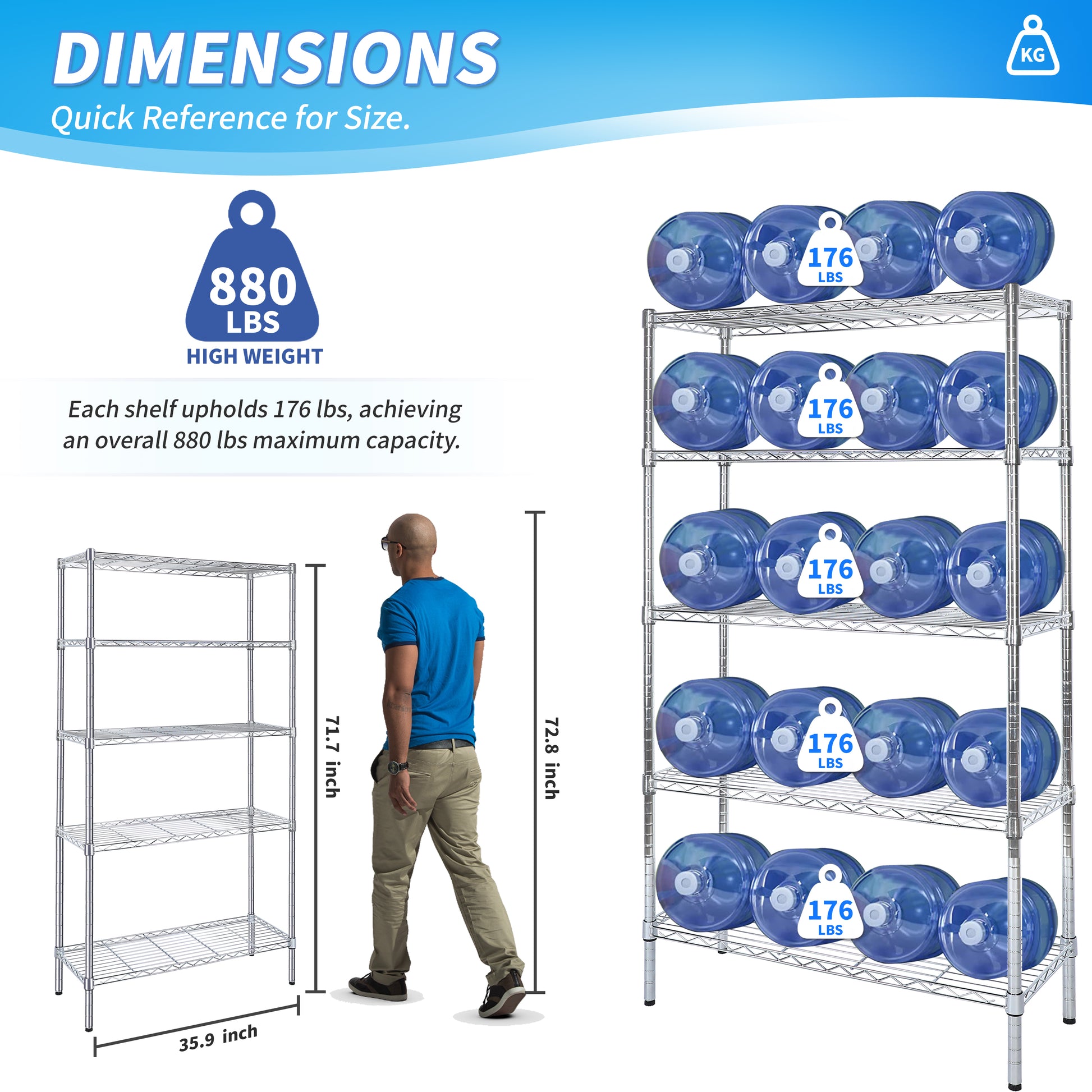 Heavy Duty Shelving Unit, Wire Metal Stackable Storage, 5 Tier Shelf, Chrome, 36" W X 13.8" D X 71.8" H Chrome Iron