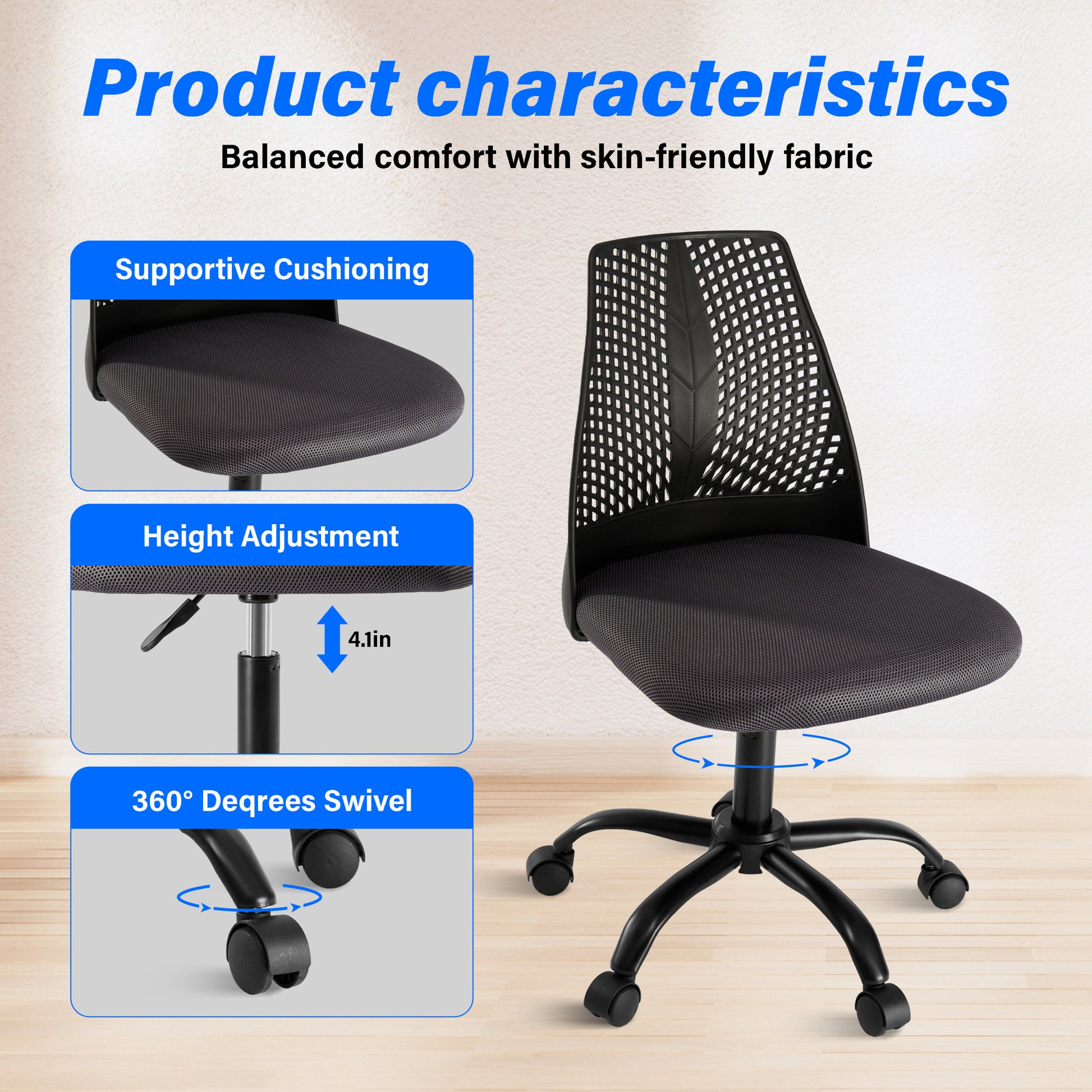 Ergonomic Office And Home Chair With Supportive Cushioning, Black & Gray Black Gray Nylon Mesh Plastic