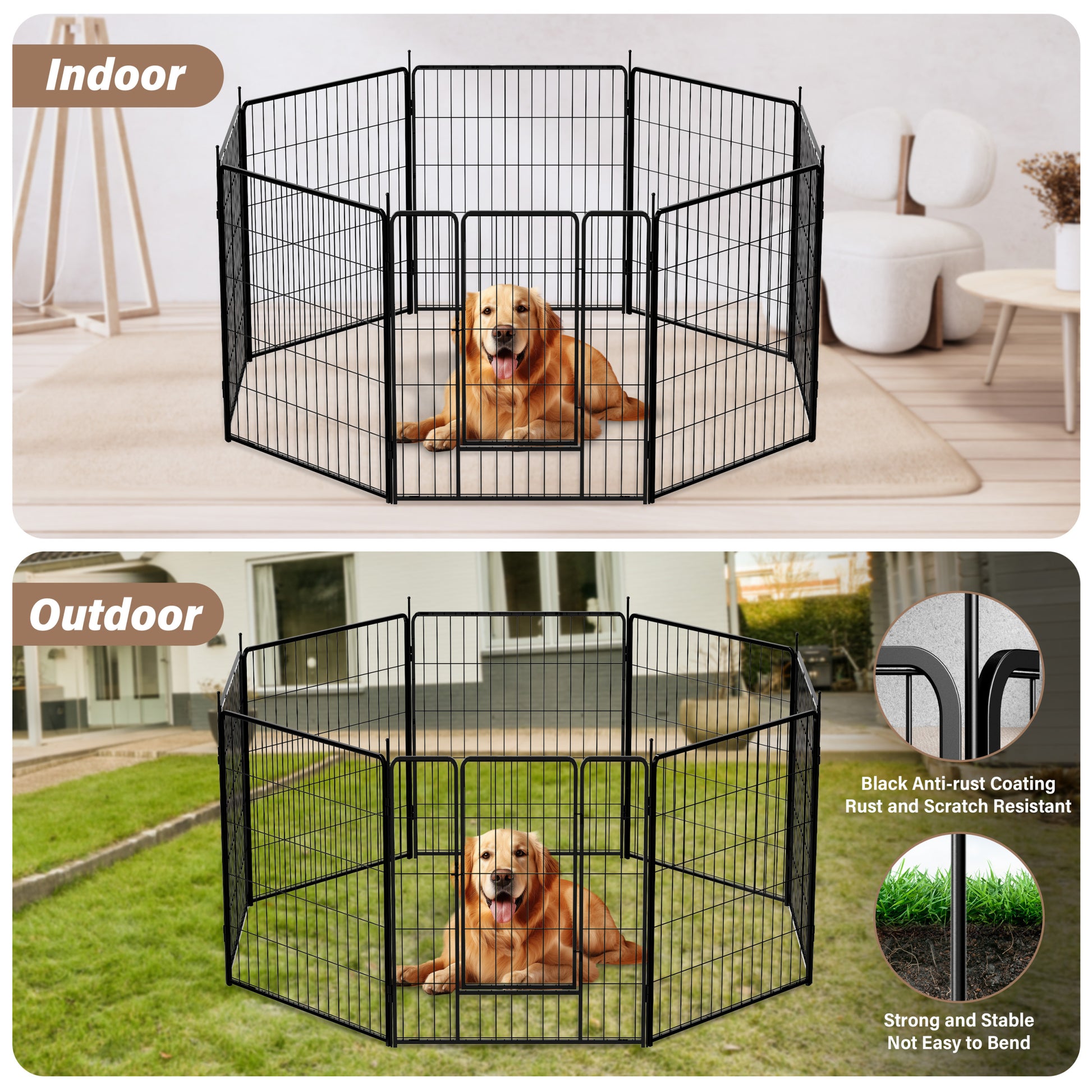 Dog Playpen Indoor Outdoor, 32" Height 8 Panels Fence With Anti Rust Coating, Metal Heavy Portable Foldable Dog Pen For Large, Medium Small Dogs Rv Yard Camping Black Metal