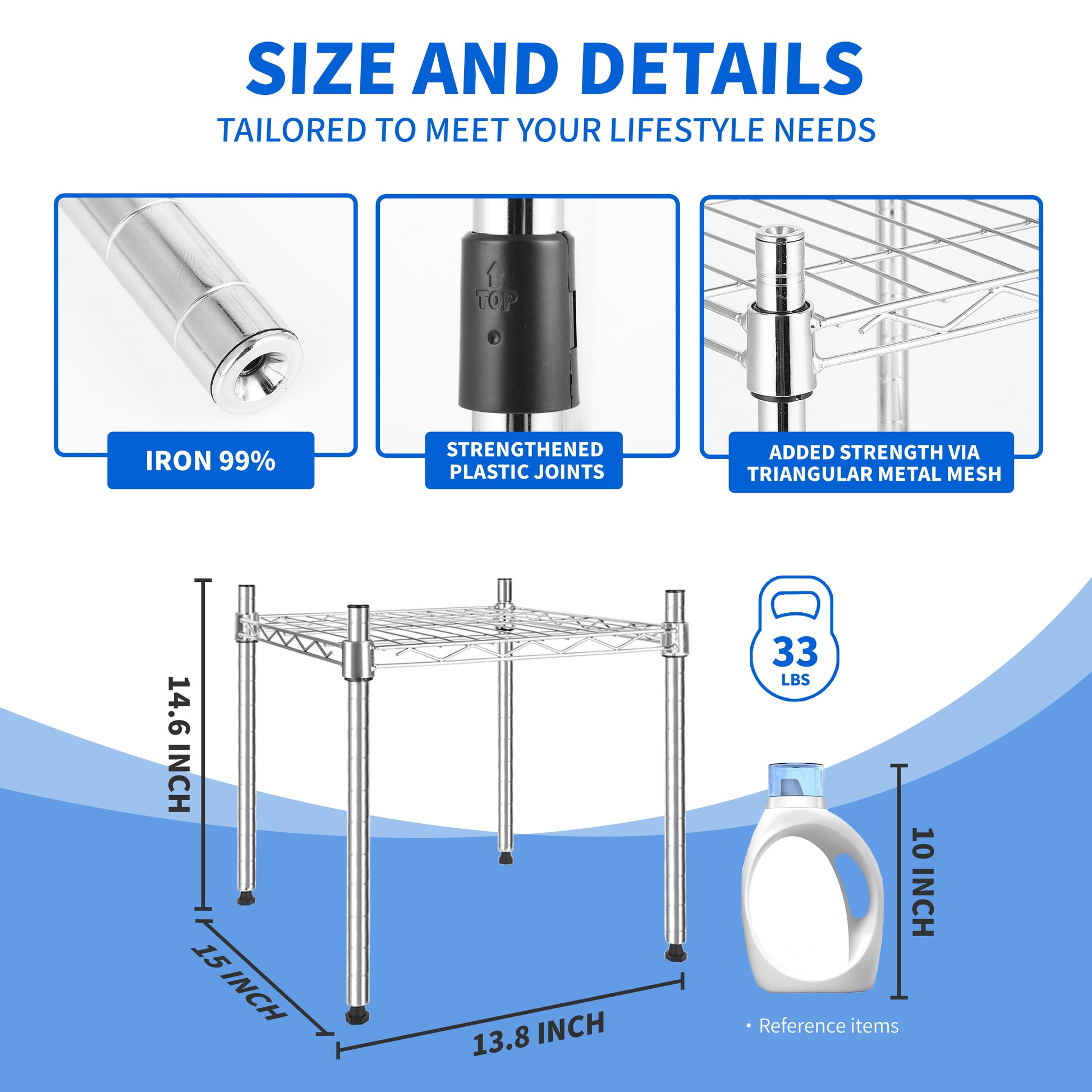 Heavy Duty Shelving Unit, Wire Metal Stackable Storage, 1 Tier Shelf, Chrome, 15" W X 13.8" D X 15" H Chrome Iron