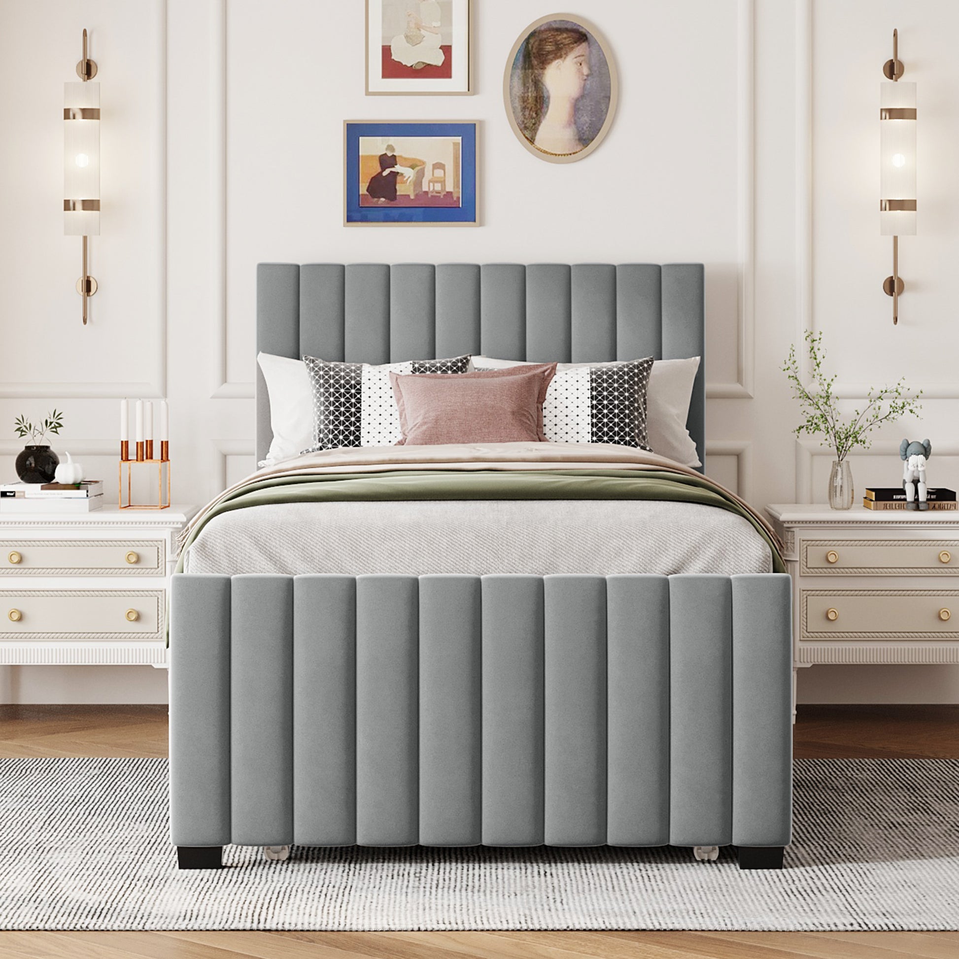 Twin Size Velvet Upholstered Platform Bed With Twin Size Trundle, Gray Gray Upholstered