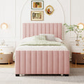 Twin Size Velvet Upholstered Platform Bed With Twin Size Trundle, Pink Pink Upholstered