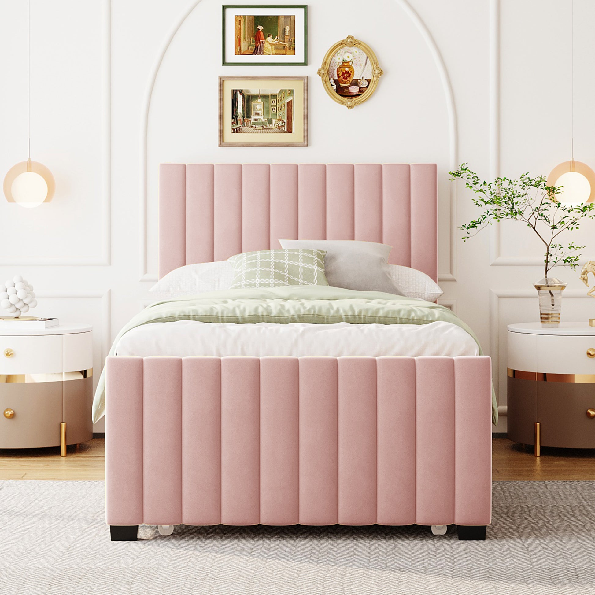 Twin Size Velvet Upholstered Platform Bed With Twin Size Trundle, Pink Pink Upholstered