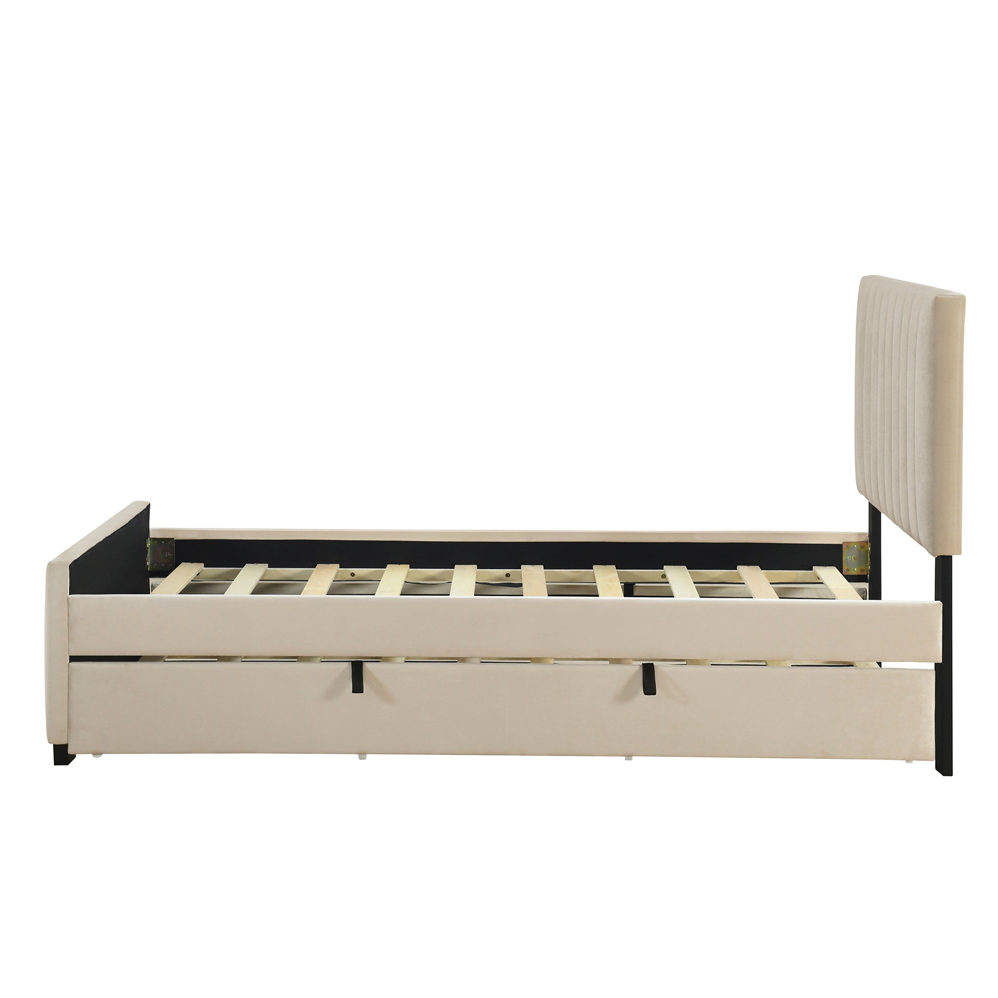 Twin Size Velvet Upholstered Platform Bed With Twin Size Trundle, Beige Beige Upholstered