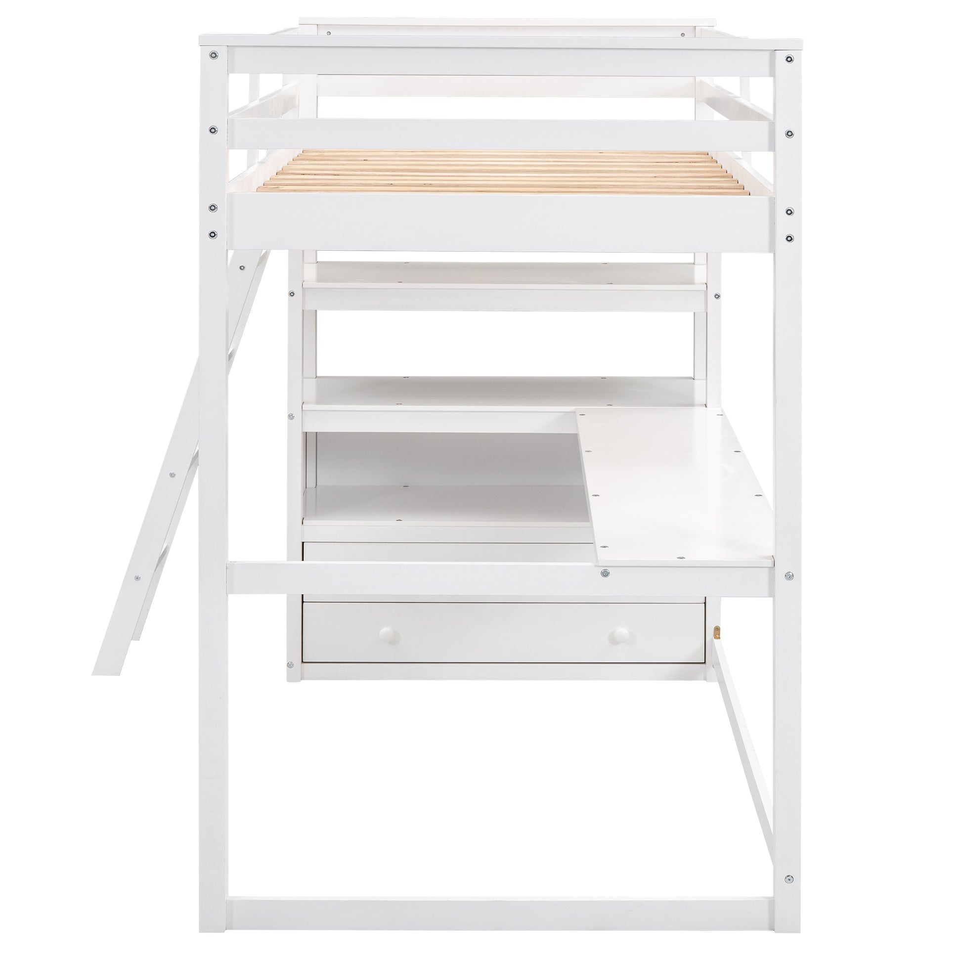 Twin Size Loft Bed With Desk And Shelves, Two Built In Drawers, White Old Sku: Gx000423Aak Box Spring Not Required Twin White Wood Bedroom Pine