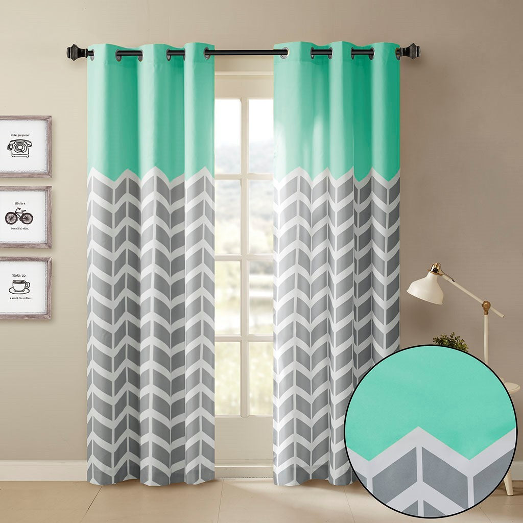 Chevron Printed Room Darkening Grommet Top Panel Pair Aqua Polyester