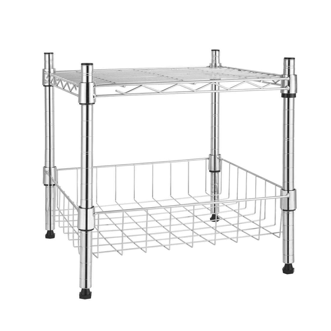 Heavy Duty Shelving Unit, Wire Metal Stackable Storage, 1 Tier Shelf, With Basket, Chrome, 15" W X 13.8" D X 15" H Chrome Iron