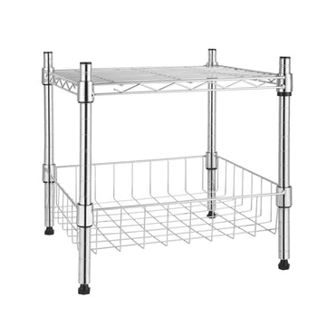 Heavy Duty Shelving Unit, Wire Metal Stackable Storage, 1 Tier Shelf, With Basket, Chrome, 15" W X 13.8" D X 15" H Chrome Iron