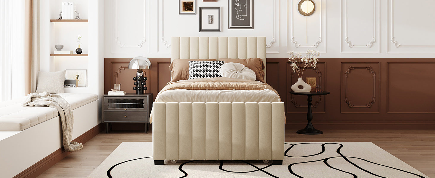 Twin Size Velvet Upholstered Platform Bed With Twin Size Trundle, Beige Beige Upholstered