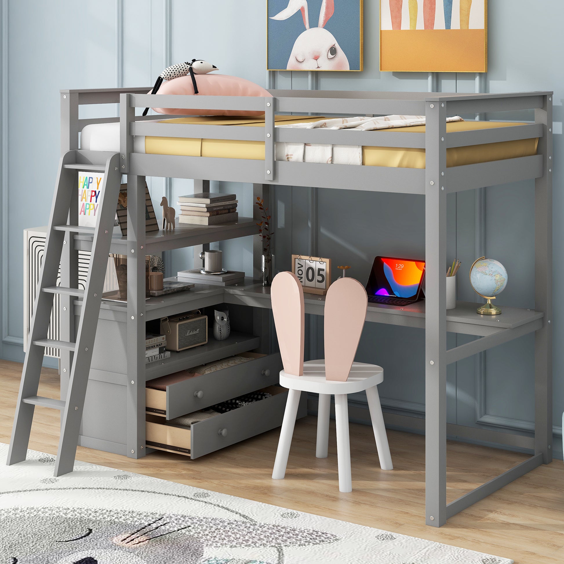 Twin Size Loft Bed With Desk And Shelves, Two Built In Drawers, Gray Old Sku: Gx000423Aae Box Spring Not Required Twin Gray Wood Bedroom Pine