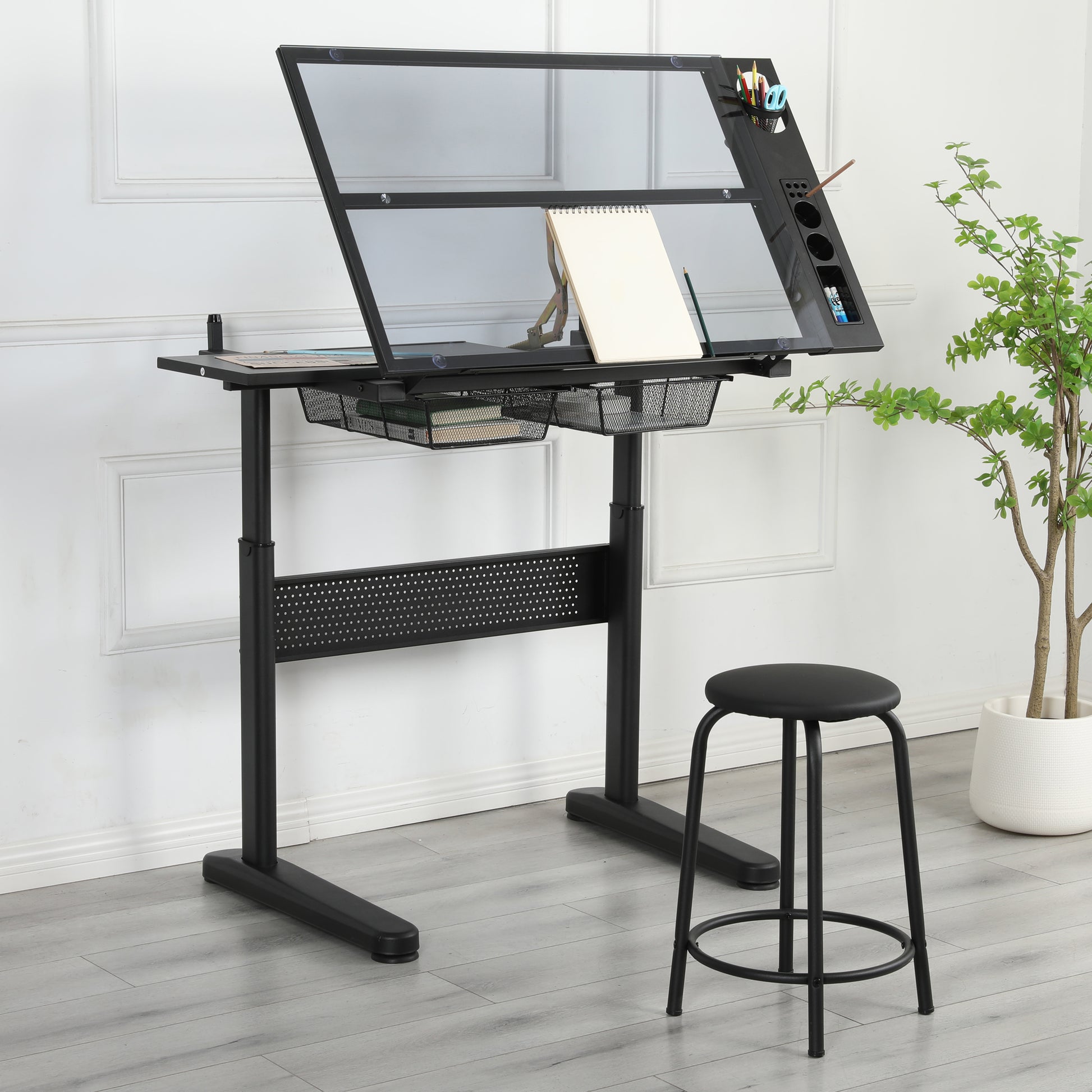 Hand Crank Adjustable Drafting Table Drawing Desk With 2 Metal Drawers Black With Stool Black Glass Metal