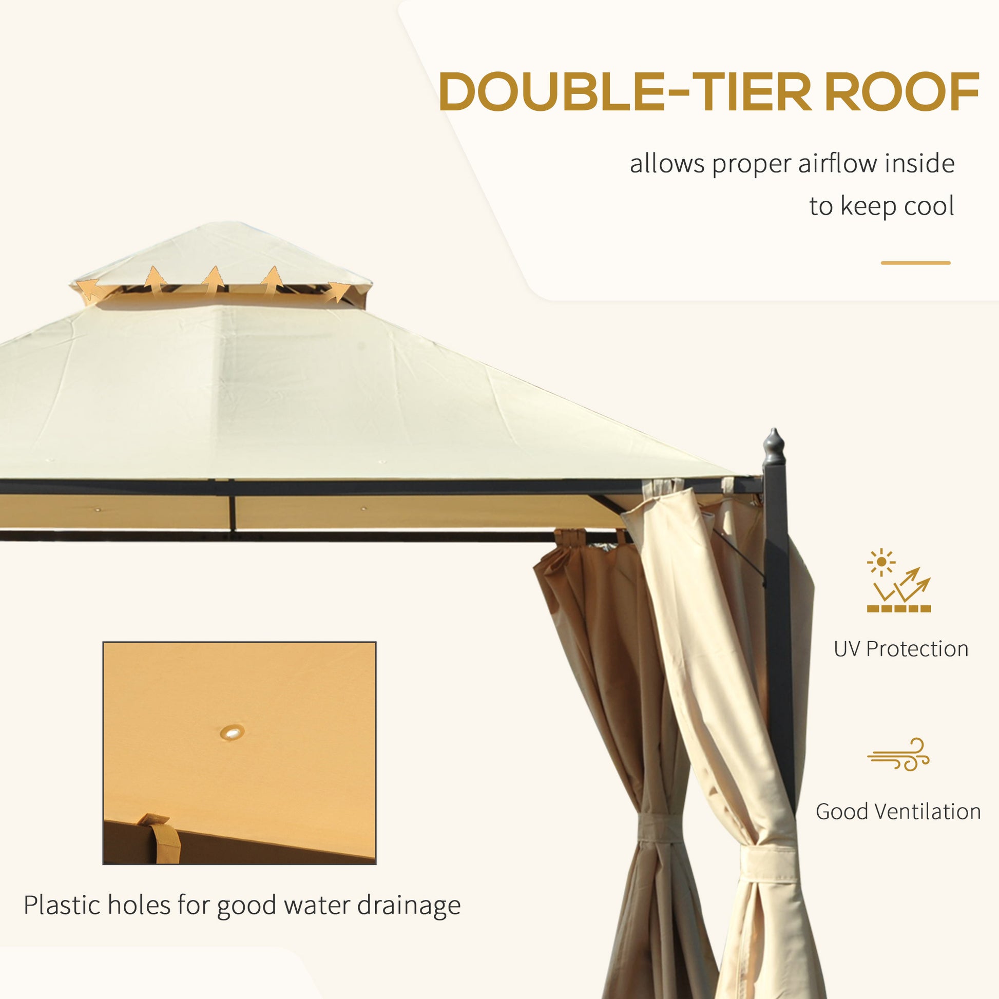 10' X 10' Steel Outdoor Patio Gazebo With Polyester Privacy Curtains, Two Tier Roof For Air, & Large Design Beige Steel