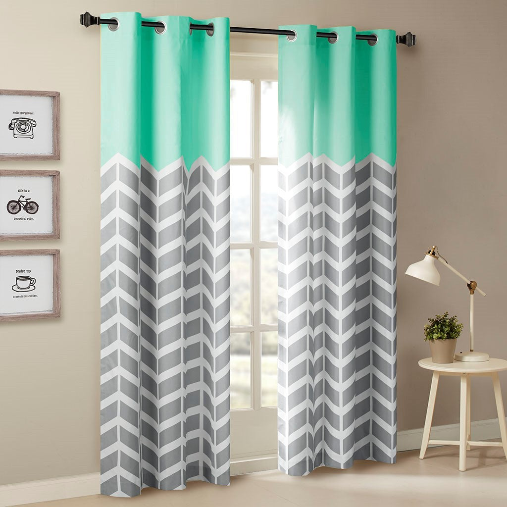 Chevron Printed Room Darkening Grommet Top Panel Pair Aqua Polyester