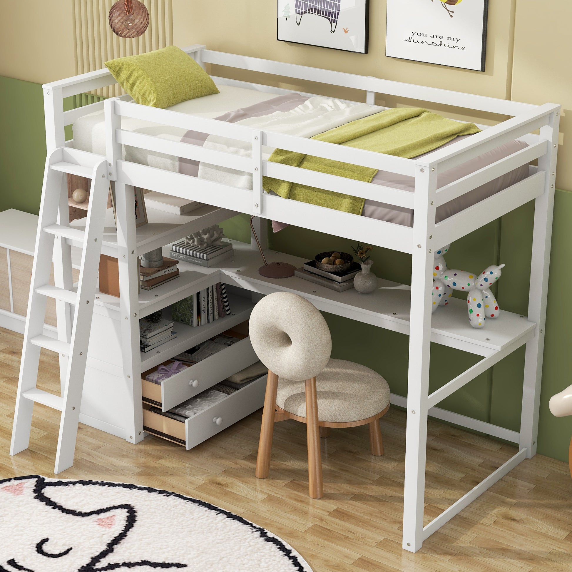 Twin Size Loft Bed With Desk And Shelves, Two Built In Drawers, White Old Sku: Gx000423Aak Box Spring Not Required Twin White Wood Bedroom Pine