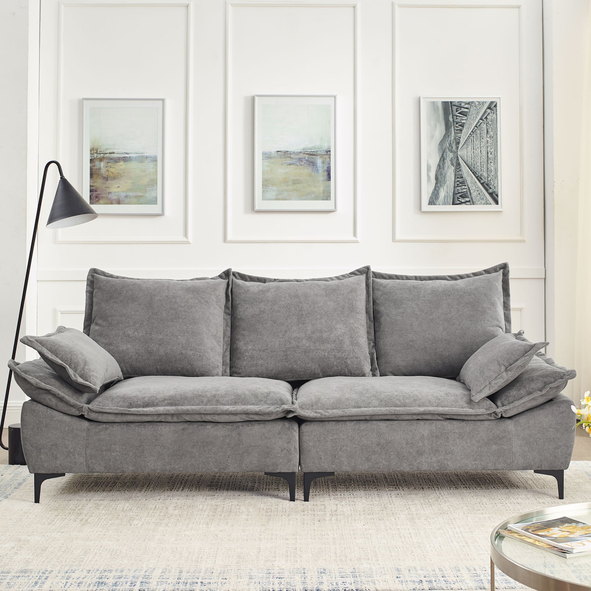 Video Mh" 88.5 Modern Sailboat Sofa Dutch Velvet 3 Seater Sofa With Two Pillows For Small Spaces In Living Rooms, Apartments Grey Wood Primary Living Space Pine Foam Fabric 3 Seat