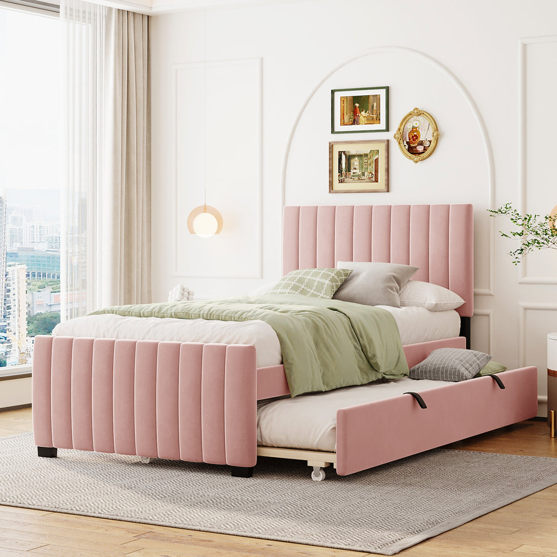 Twin Size Velvet Upholstered Platform Bed With Twin Size Trundle, Pink Pink Upholstered