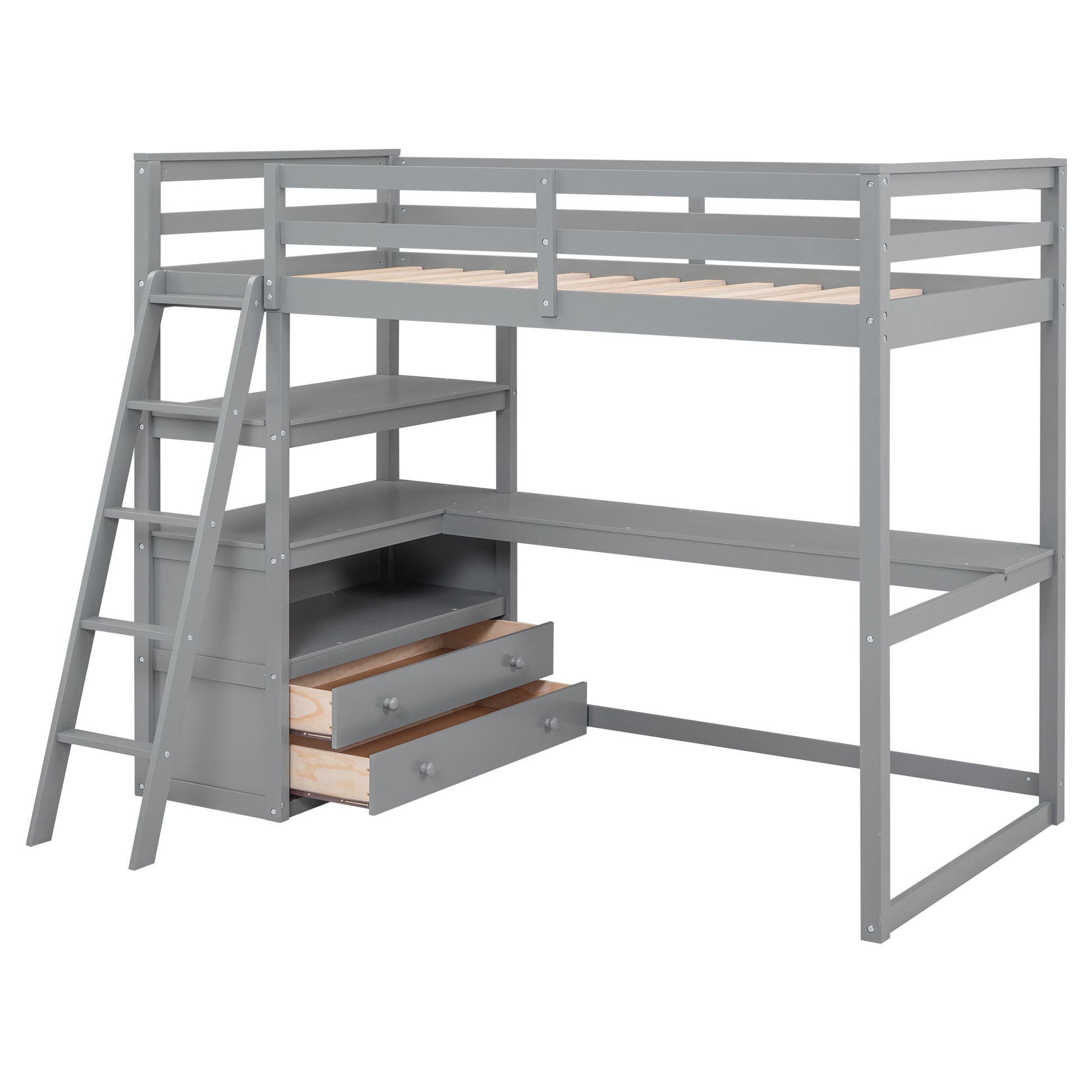 Twin Size Loft Bed With Desk And Shelves, Two Built In Drawers, Gray Old Sku: Gx000423Aae Box Spring Not Required Twin Gray Wood Bedroom Pine