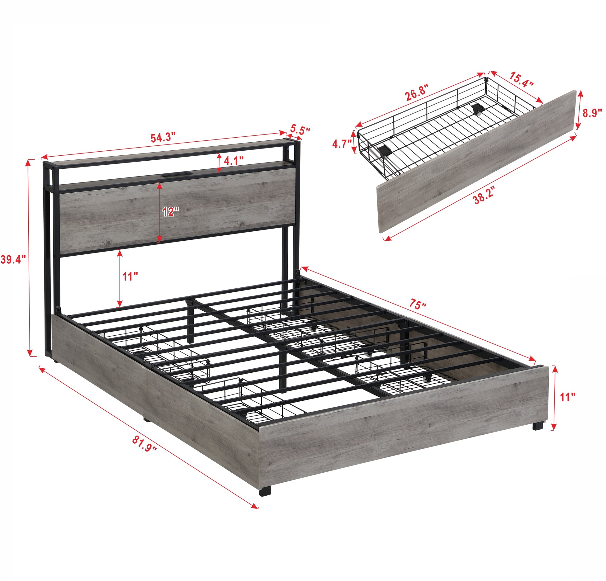 Full Bed Frame, Storage Headboard With Charging Station, Solid And Stable, Noise Free, No Box Spring Needed, Easy Assembly Antique Gray Metal & Wood