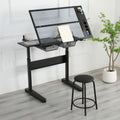 Hand Crank Adjustable Drafting Table Drawing Desk With 2 Metal Drawers Black With Stool Black Glass Metal