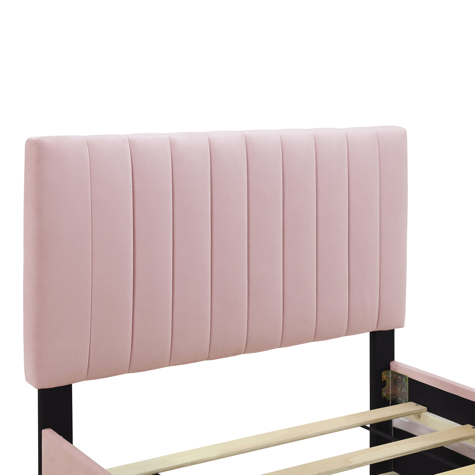 Twin Size Velvet Upholstered Platform Bed With Twin Size Trundle, Pink Pink Upholstered