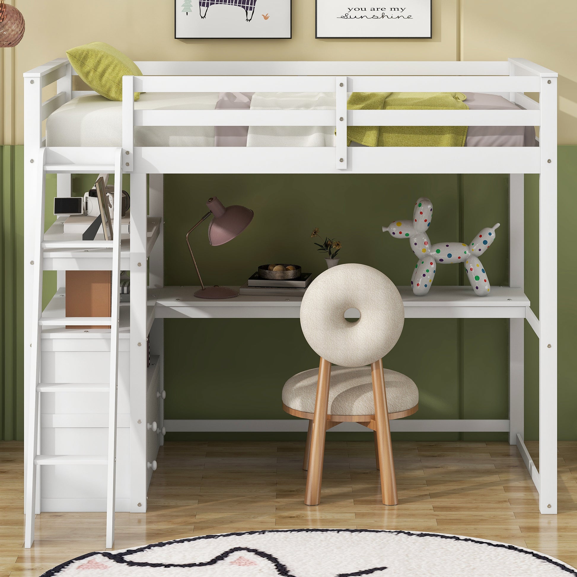 Twin Size Loft Bed With Desk And Shelves, Two Built In Drawers, White Old Sku: Gx000423Aak Box Spring Not Required Twin White Wood Bedroom Pine